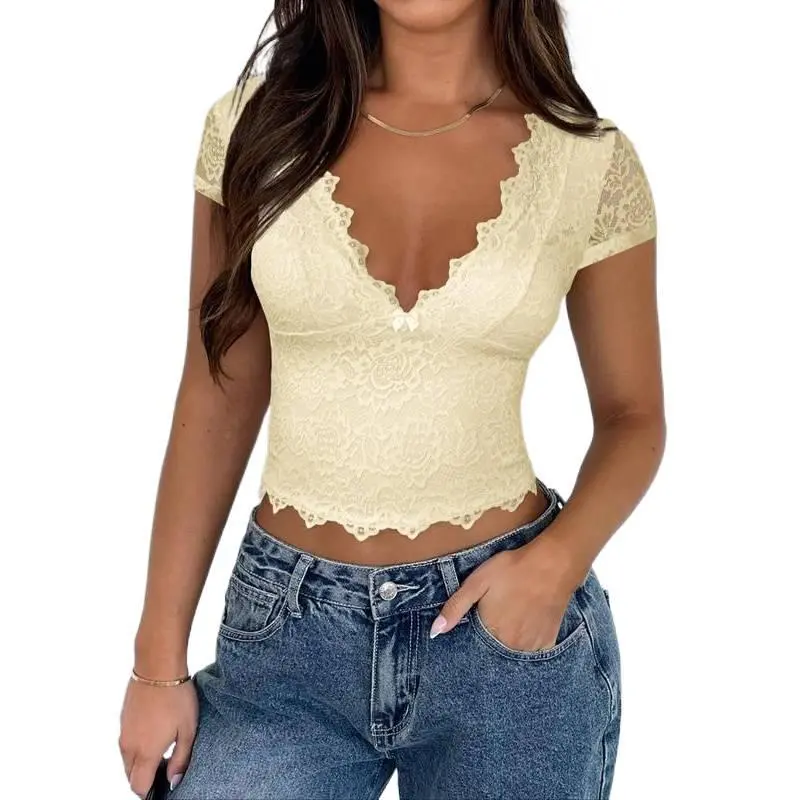 LYX-  2025 Trendy, Women's Plain Floral Lace Bow Decor Crop Tee, Casual Elegant Short Sleeve Top for Spring & Fall, Ladies Clothes for Daily Wear -LYD dramatic Graphic Tarot hot dog college ss 25 outfit women coachella fit doll frilly Cap Tank orange