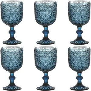 Blue Water Goblets Glassware   Glasses set of 6 Drinking Stemware 12 Ounces for Wedding Party Bar Floral  350 ml