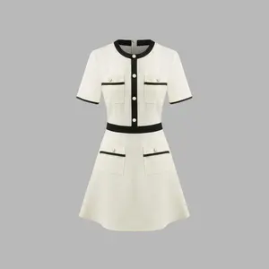 Cider [size 0-10] Tweed Round Neckline Contrasting Binding Pearl Button Mini Dress