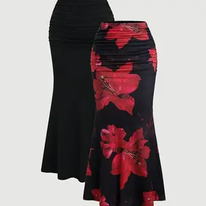 Women's Elegant Party Dress Mermaid Skirt Set, Solid Color and Printed, Two Piece Set, Perfect for Parties and Special Occasions