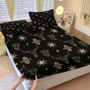 Boho Western Desert Fitted Sheet Set, Include One Bedspread and 1/2 Pillowcases, Black & Beige Cow Skull Cactus Personality Fashion Bedroom Mattress Cover Decor, Non-Slip, Soft Skin-friendly