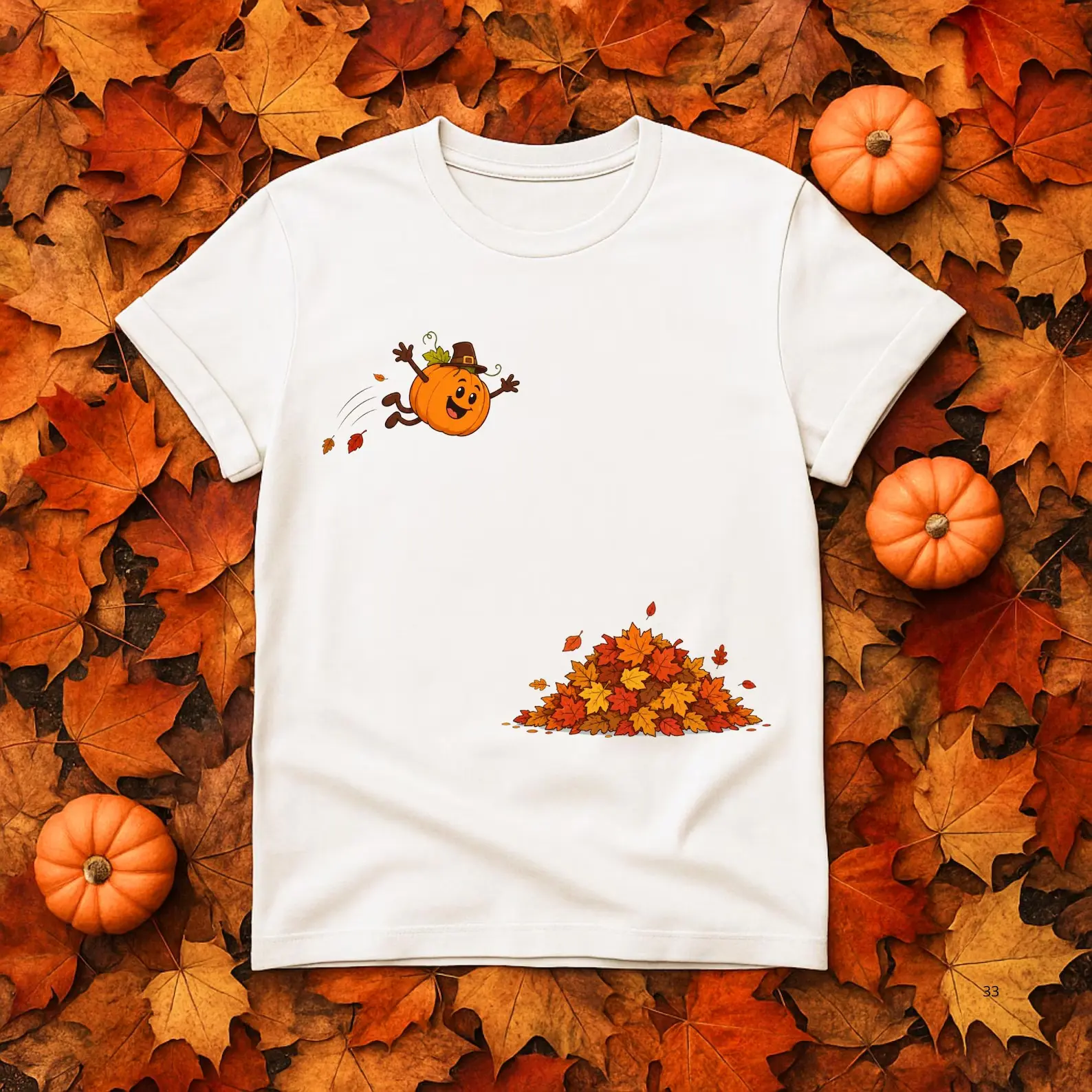 Pumpkin Jump Into Leaves Shirt, Cute Thanksgiving Pumpkin Tee, Fall Pumpkin Graphic Shirt, Autumn Leaves T Shirt