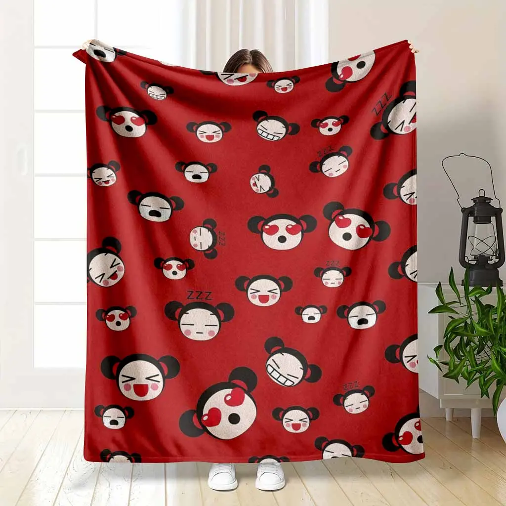 Pucca Inspired Flannel Blanket Cute Cartoon Face Print Ultra Soft & Cozy Warm & Breathable Ideal for Sofa Couch Bedroom Decor Travel Companion Outdoor Camping Festival Gift Girlfriend Present
