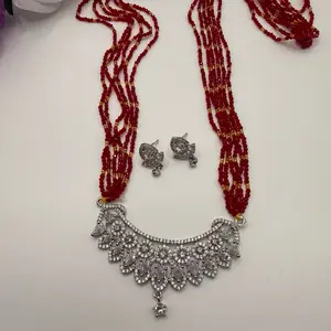 Long Mangalsutra Multi-Strand Beaded Necklace Set with Crystal Pendant & Earrings