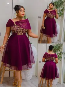 Purple Off-The-Shoulder Embellished Skater Midi Dress for Wedding Guest Birthday Party
