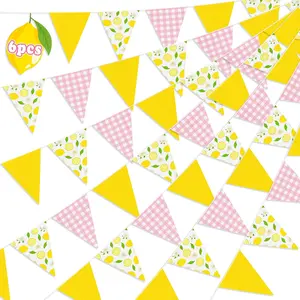 6PCS Lemon Party Decorations Pennant Banners Pink and Yellow Triangle Flags Garland Lemonade Stand Supplies Summer Birthday Baby Shower Decor