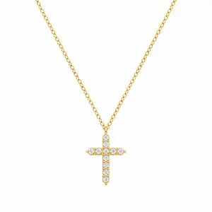 18K Gold Plated Cross Necklace Cubic Zirconia Pendant Hypoallergenic Waterproof Tarnish Free Baptism Gift Religious Jewelry