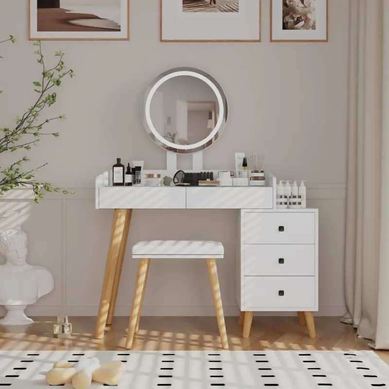 Modern Bedroom Dressing Table with LED Lights, Glass Top, Extendable Side Table, 5 Drawers, Mirror, Storage, and Included Stool