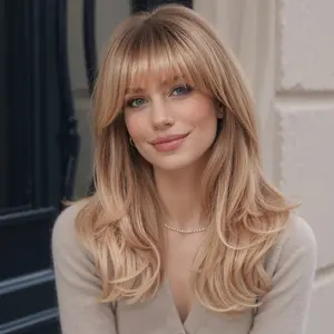 Elara-DWY 18 Inch Honey Blonde Wavy Wig with Bangs | Instant French Girl Glow
