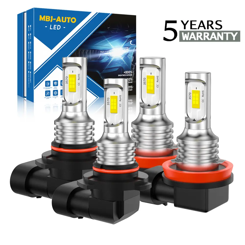 MBJ-AUTO H11 9005 Bulbs Combo, 6500K Cool White 10000LM 200% Brightness, High Beam & Low Beam,Backup 1:1 Size Plug and Play IP68 Waterproof Off Road Fog Lights, Pack of 4,1:1 Mini Size,Easy Installation, Non-Polarity Plug-and-Play