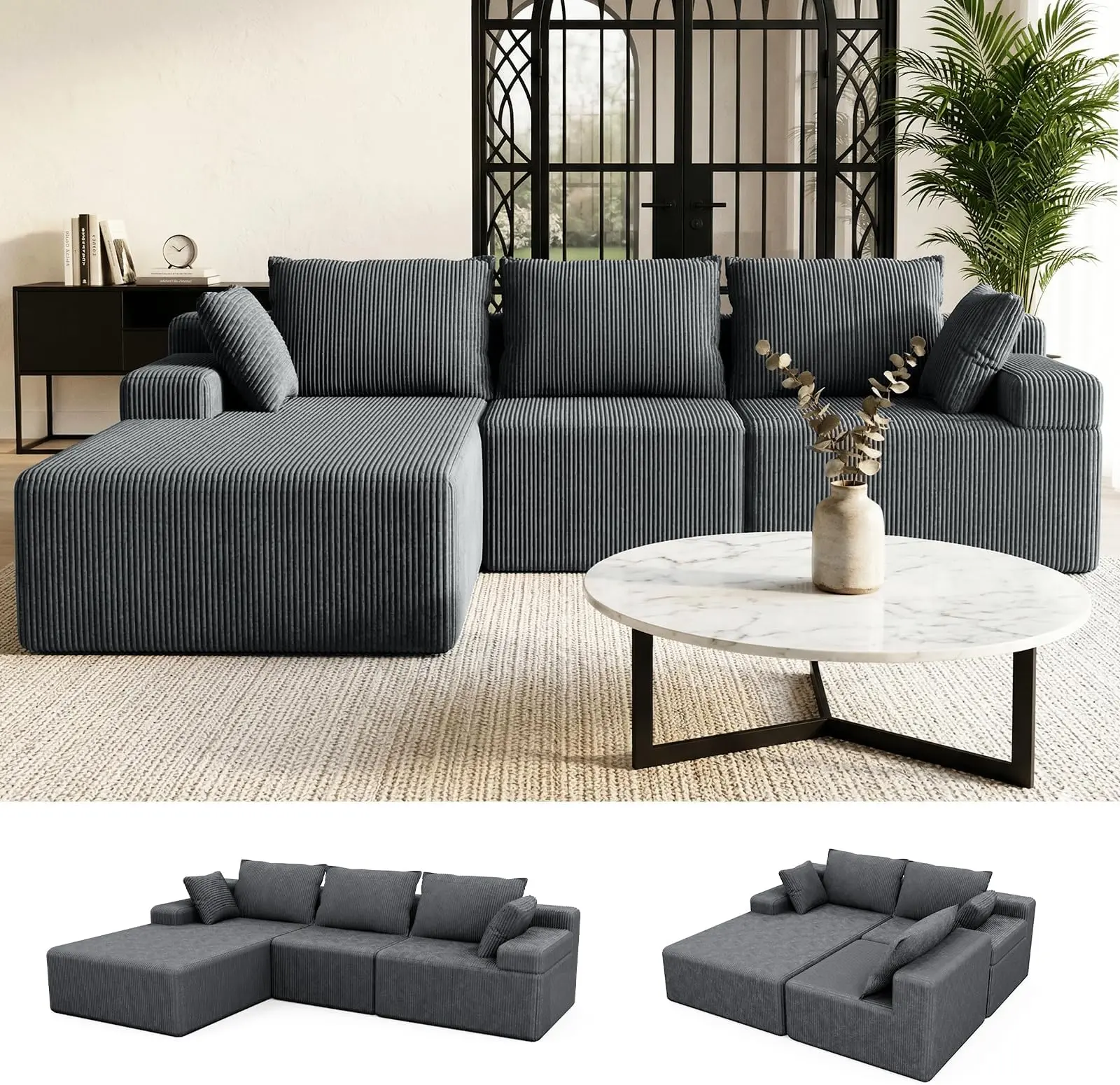 【2 Packages Shipping】108" L/U-Shaped  Boneless Sectional Cloud Couch Corduroy Velvet  Modular with Chaise No Assembly Required Sofa  Living room furniture