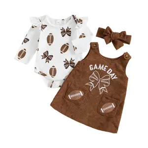 Toddler Baby Girl Football Outfit Frill Rugby Bow Long Sleeve Romper Tops Game Day Corduroy Overall Skirt Dress 3pcs Outfit Set Fall Clothes