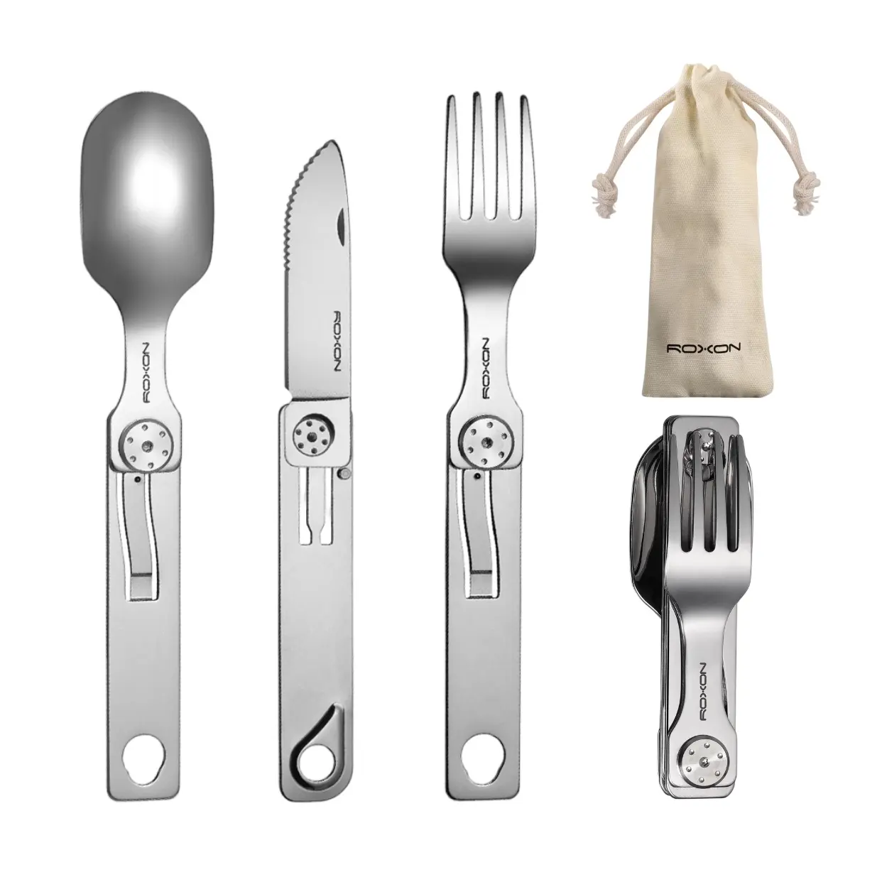 ROXON C1S 3-in-1 Magnetic Folding Camping Utensil Set, Portable Reusable Stainless Steel Spoon Fork and Knife for EDC Enthusiasts, Travel, Work Lunch and Picnic, Titanium Black & Titanium Gray