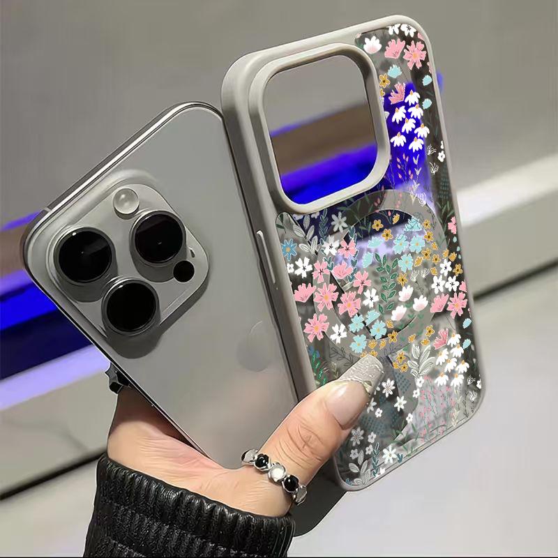 Chic Botanical Graphic Phone Case Hand-Drawn Style Pink, Blue & Yellow Wildflowers Paired With Lush Greenery Featuring Built-In Strong Magnet Ring Blending Smooth Macaron Texture With Secure Magsafe Compatibility For iPhone 17 16 15 14 13 12 11 X XS