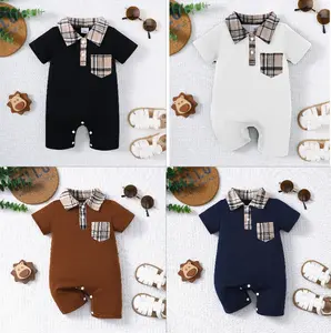 Ready Stock 1-18M Baby Boys Plaid Patchwork Pocket Lapel Collar Short Sleeve Romper Summer Casual Clothes 122312751 Infant Newborn