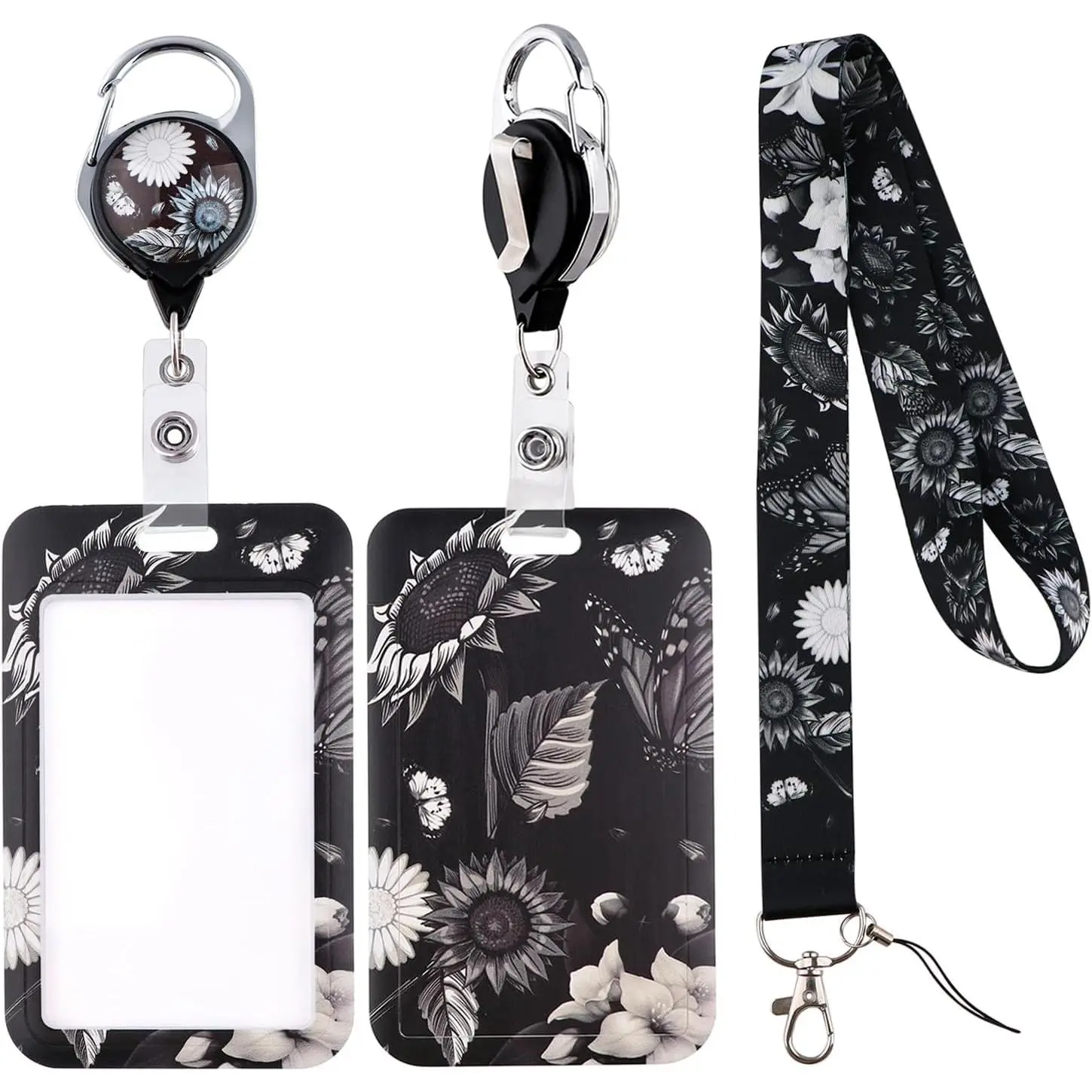 Heavy Duty Badge Reel Set Pack - Synthetic Hard Cover ID Badge Holder with Retractable Lanyard for Adults, Clip-On, Art Sunflower Design, Office Identification Supplies