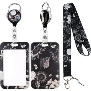 Black Aesthetic Lanyard ID Badge Holder & Art Sunflower Retractable Badge Reel Clip Cool  Lanyard for