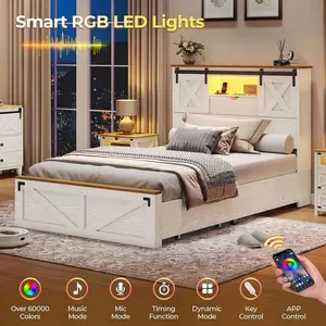 SIKAIC White Twin XL Bed Frame with LED Lights & 2 Drawers, Modern Upholstered Platform Bed for College Dorm & Student Apartment
