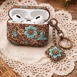 Western Floral AirPods Case, Turquoise Tooled Leather Print Style Cover for AirPods Gen 1 2 3 4 Pro, Mexican Rustic Country Gift For Her