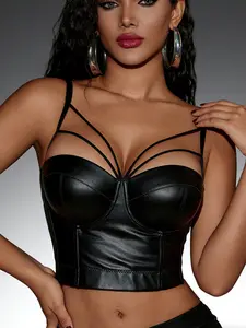 26 Valentine's Day Women's PU Adjustable Strap Cropped Corset Top - Multi-Strap & Hook & Eye Closure Bustier, Viral Edgy Club Outfit