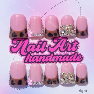 Delicatething Y2K Style Duckbill Nail Set, Handmade Wearable Nails with Colorful Diamonds, Gold Ribbon, French Design, S M L Sizes, Perfect Gift for Women