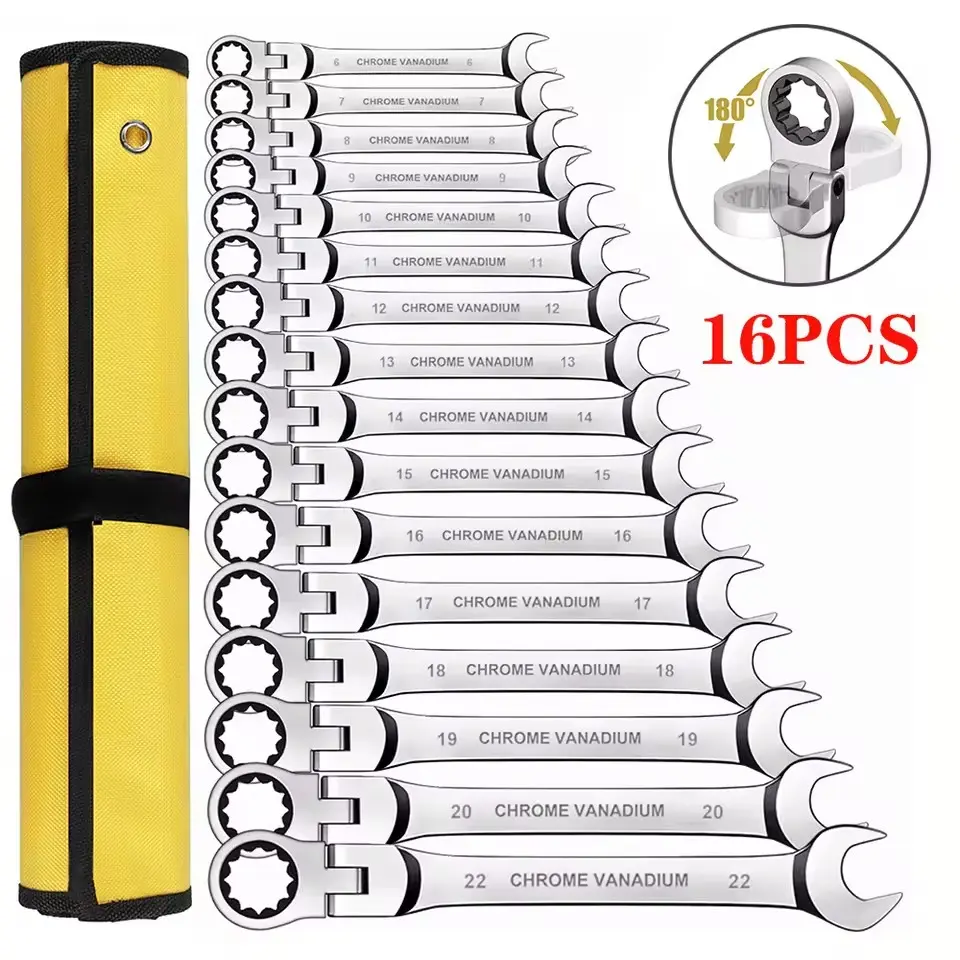 Multi-Purpose Ratchet Wrench Set Ratcheting Combination Wrench Set, 6-23mm Metric Flex Head Ratcheting Wrench, Chrome Vanadium Steel Spanner with Bag