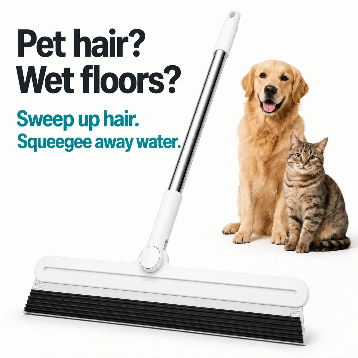 Magic Broom Pet Hair Remover Broom 2-in-1, Rubber Squeegee Broom with 6-Row Bristles, Handheld Carpet Rake for Dog Cat Hair on Carpet Sofa Rug, Water Sweeper for Tile Floor Glass, 16 Inch