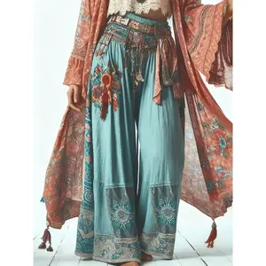 Women’s ethnic pattern wide-leg pants without belt, boho fashion trousers, boho casual elastic-waist trousers for daily wear and holiday vacations, women’s bottoms for summer