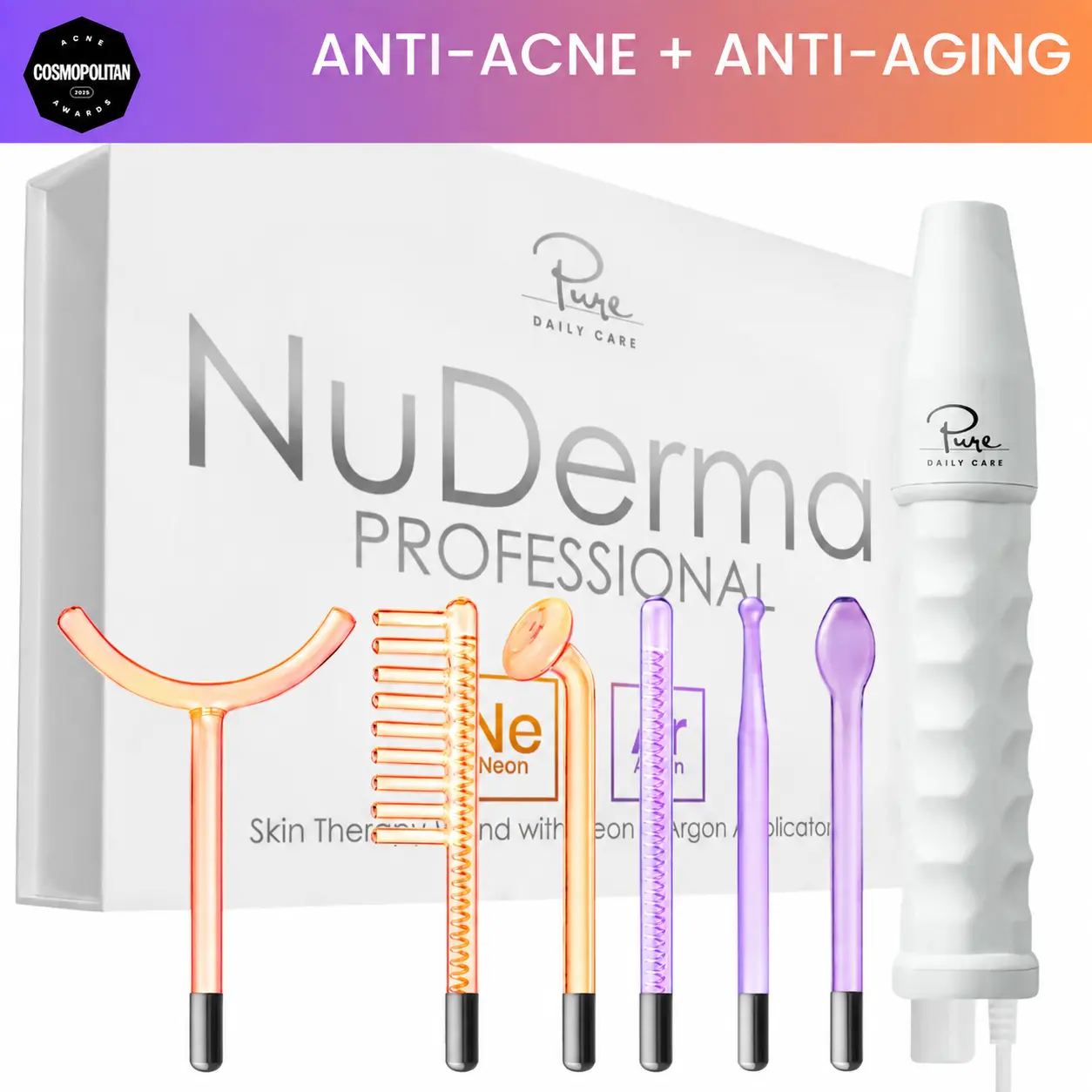 NuDerma Professional High Frequency Wand by Pure Daily Care with Argon & Neon Applicators Anti-Aging and Anti-Acne Beauty Instrument Facial Tools