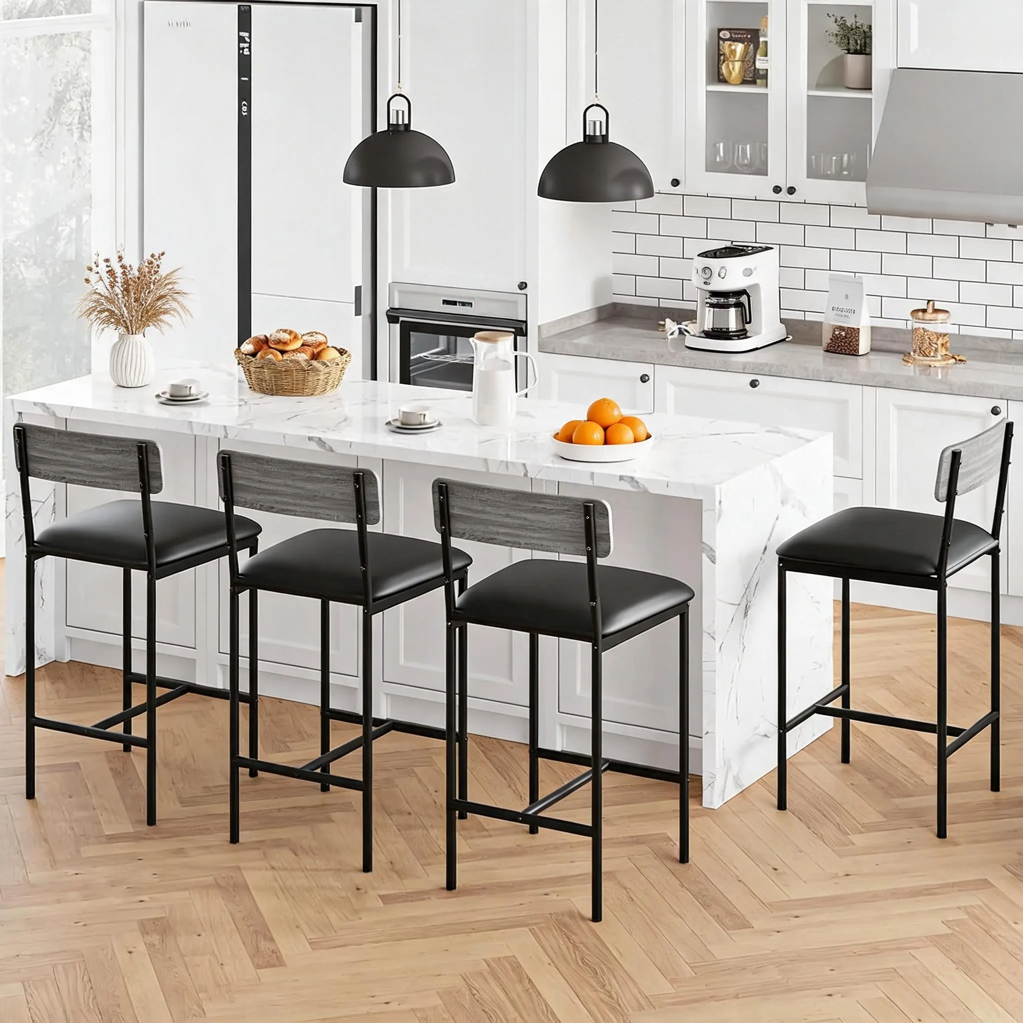 Garvee 25" Bar Stools Set of 4 – Counter Height Upholstered Bar Chairs with Back, Padded Seat & Thick Cushion, Ideal for Kitchen Island, Apartment Counter, or Dining Room Bar, Grey