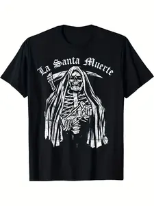 La Santa Muerte Skeleton Grim Reaper T-Shirt, Comfortable and Loose Fit, Suitable for Casual Daily Use
