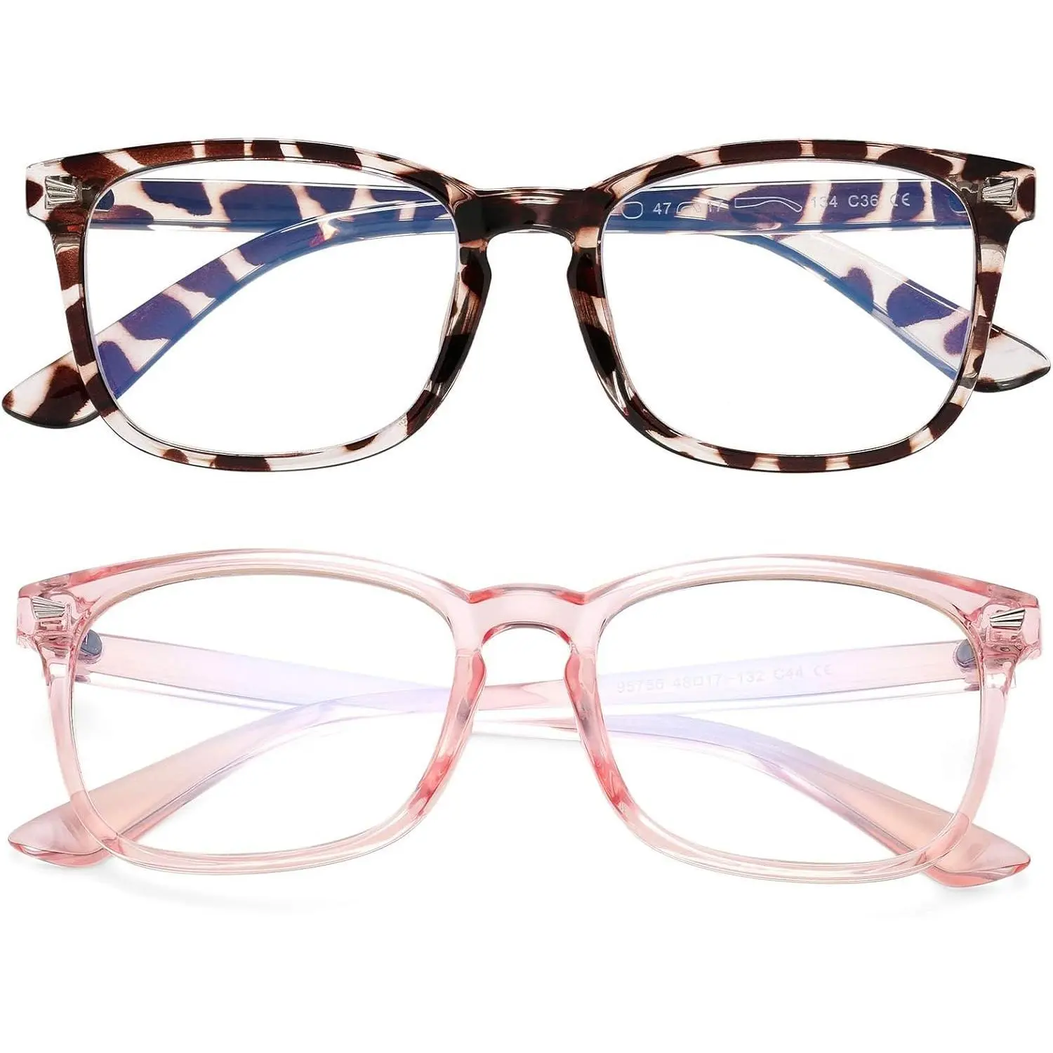 Kids' 2-Pack TR90 Eyewear for Boys & Girls, Fashionable Unbreakable Blue Light Blocking Frames, Lightweight for Computer Use, Children, Blue Light Blocking Glasses, A1-2 Pack ( Transparent Pink + Leop, Junior, Protective, 2Pack, Anti-Blue Light