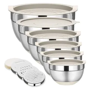 Mixing Bowls with Lids Set, 6 Piece Stainless Steel Nesting Storage Bowls for Kitchen, with 3 Grater Attachments & Non-Slip Bottoms, Size