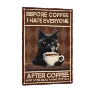 Black Cat Tin Sign, Coffee Metal Painting Wall Art for Home Living Room Bedroom Cafe, 8 X 12 Inches