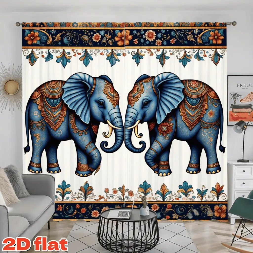 2D Flat 2Pcs Indian Mandala Elephant Curtain Panels for Living Room, Semi Sunshade Polyester Fiber Window Curtains Bedroom, Balcony, Kitchen, Study and Shower Decoration, Anti Privacy Decor Drapes