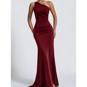 Women's one shoulder long dress, elegant sleeveless tight fitting long dress, pleated waist slimming evening dress, elastic satin dress, wedding guests, cocktail parties, dates, nights, holidays, formal elegant women's dressRAIMENTRY