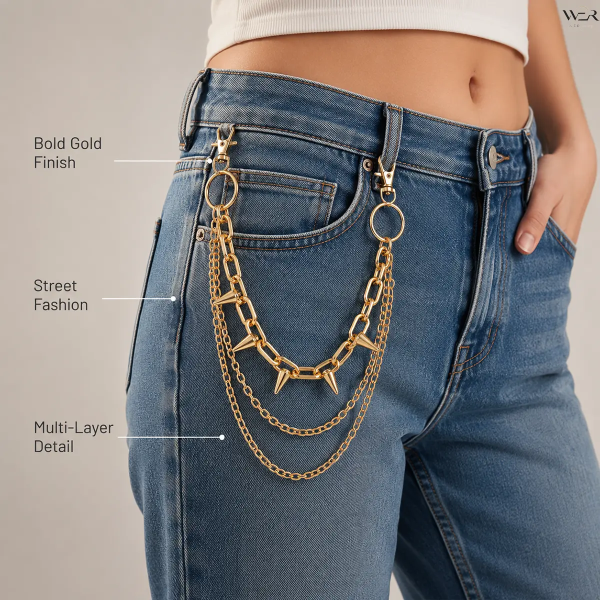 Multi-Layer Spiked Trouser Chain, Unisex Punk Rock Statement Jean Accessory for Daily Street Fashion - Gunmetal, Silver, Gold, Men's Accessories, Cone Spikes, Hook Length 3.5 Cm, Lower Chain 53 Cm, Everyday, Punk Edge, Strong Presence, Daily Outfit, Stron