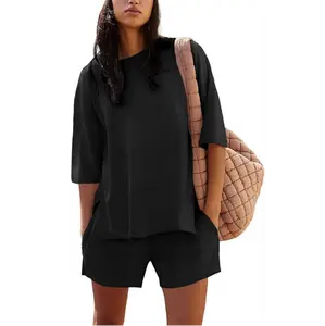 COCCKO 2026 Womens Shorts Sets 2 Piece Outfits Summer Half Sleeve Crew Neck Lounge Sets Matching Clothing