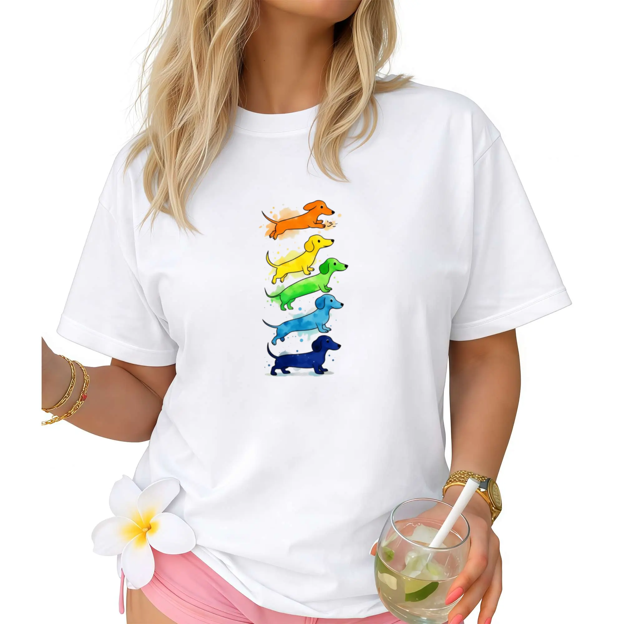 Rainbow Dachshund Watercolor Print White Women'S T-Shirt, Cute Dog Graphic Tee, Soft Comfortable Fabric, Machine Washable, Ideal for Pet Lovers, Daily Wear And Casual Gatherings Cotton Fashion