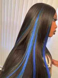 200% Density 28 Inch 13X4 HD Transparent Ombre blue  Lace Front Wigs Long Straight Lace Frontal Wig blue Mixed Black Lace Front Hair Wig Silk Straight black And blue Hairpiece Closure Wig Synthetic Heat Resistant Fiber Hair 13*4 Lace Wigs Glueless Wig