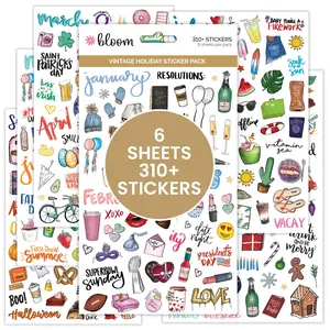 Vintage Holiday Planner Sticker Pack, Decorative All Year Hand Drawn Stickers Multicolor
