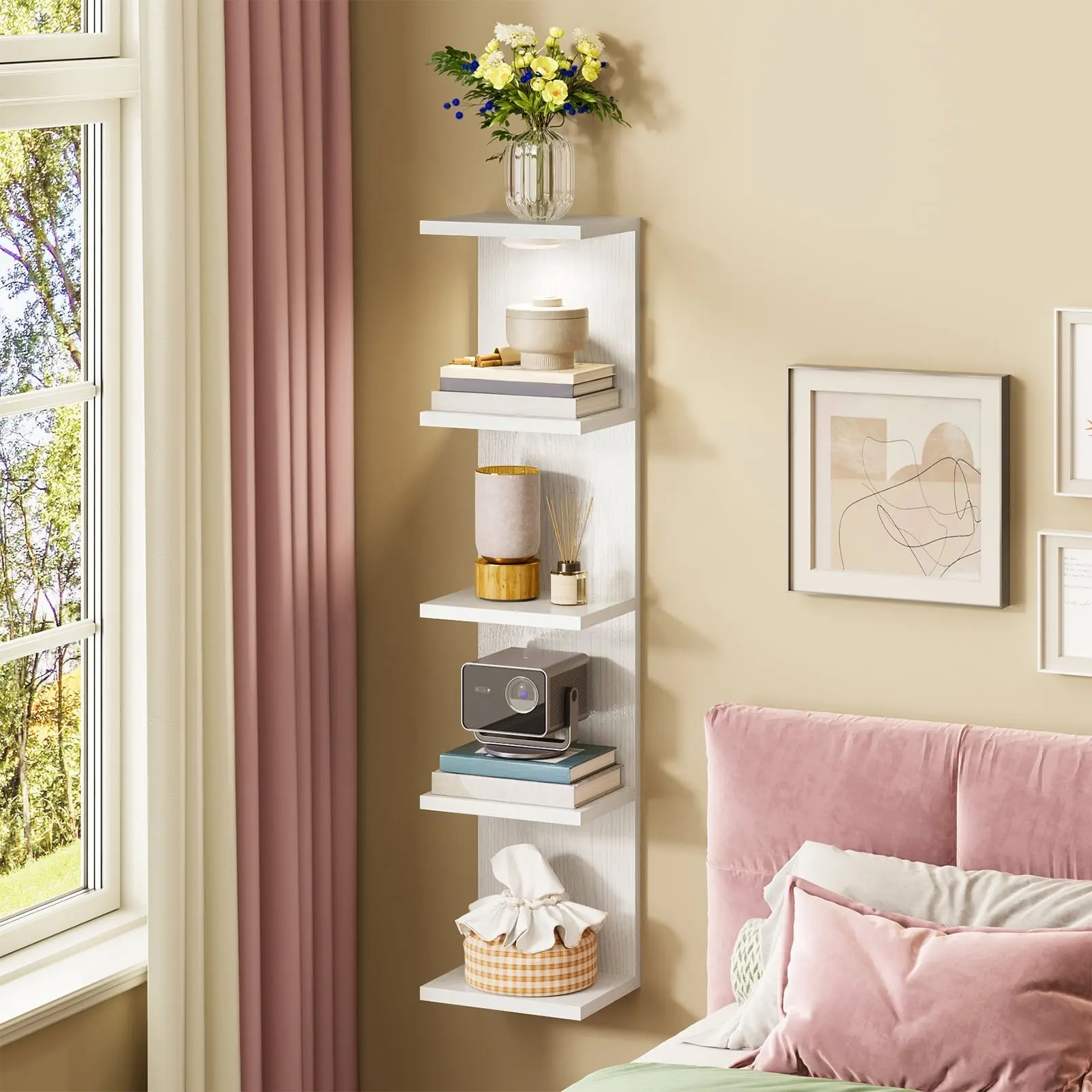 5-Tier White Vertical Floating Shelves with LED Accent Light, Wall Mounted Storage Organizer for Small Spaces