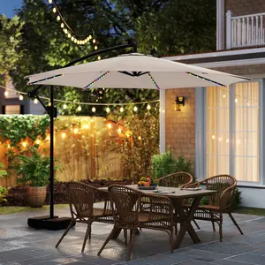 COSTWAY 10 Ft Solar Cantilever Patio Umbrella with Base Offset Hanging Outdoor Umbrella with 96 LED Lights 9 Modes Tilt Adjustment 360° Rotation Crank for Pool Yard Deck Lawn-Deals for You Days
