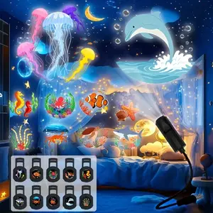 Ocean Animal LED Projection Lamp - 10/6/3pcs Patterns, USB-Powered Tabletop Light with Adjustable Arm, Vibrant Underwater Scene with Jellyfish, Dolphin, Durable Plastic Body, Whimsical Design, Ocean Decor, Turtle & Starfish Designs for Bedroom
