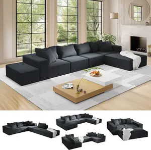 132" Oversized Modular Sectional Sofa, Chenille Upholstery Boneless Couch with 6 Pillows, 6-Seater Deep Seat Cloud Couch, Free Combination Compression Couches for Living Room, No Assembly, Black