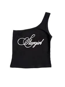 Stargirl Black Off the Shoulder Tank Top Y2K Graphic Club Brat Trendy Going Out Shirt Cropped