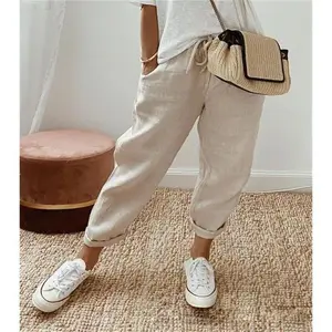Women's Cotton Linen Long Pants with Pockets Elastic Waist Casual Pants Womenswear Bottom Comfort Basic Fitted Khaki Minimalist Clothes Fashion Elegant Evening Everyday Gowns Piece Style Gamis Trouser
