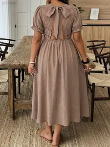 Women's A-Line Short Sleeve Dress, Back Lace Patchwork Hollow Out, Large Bow Tie Design, Elegant Breathable Comfortable Fit, Perfect for Daily & Casual Wear
