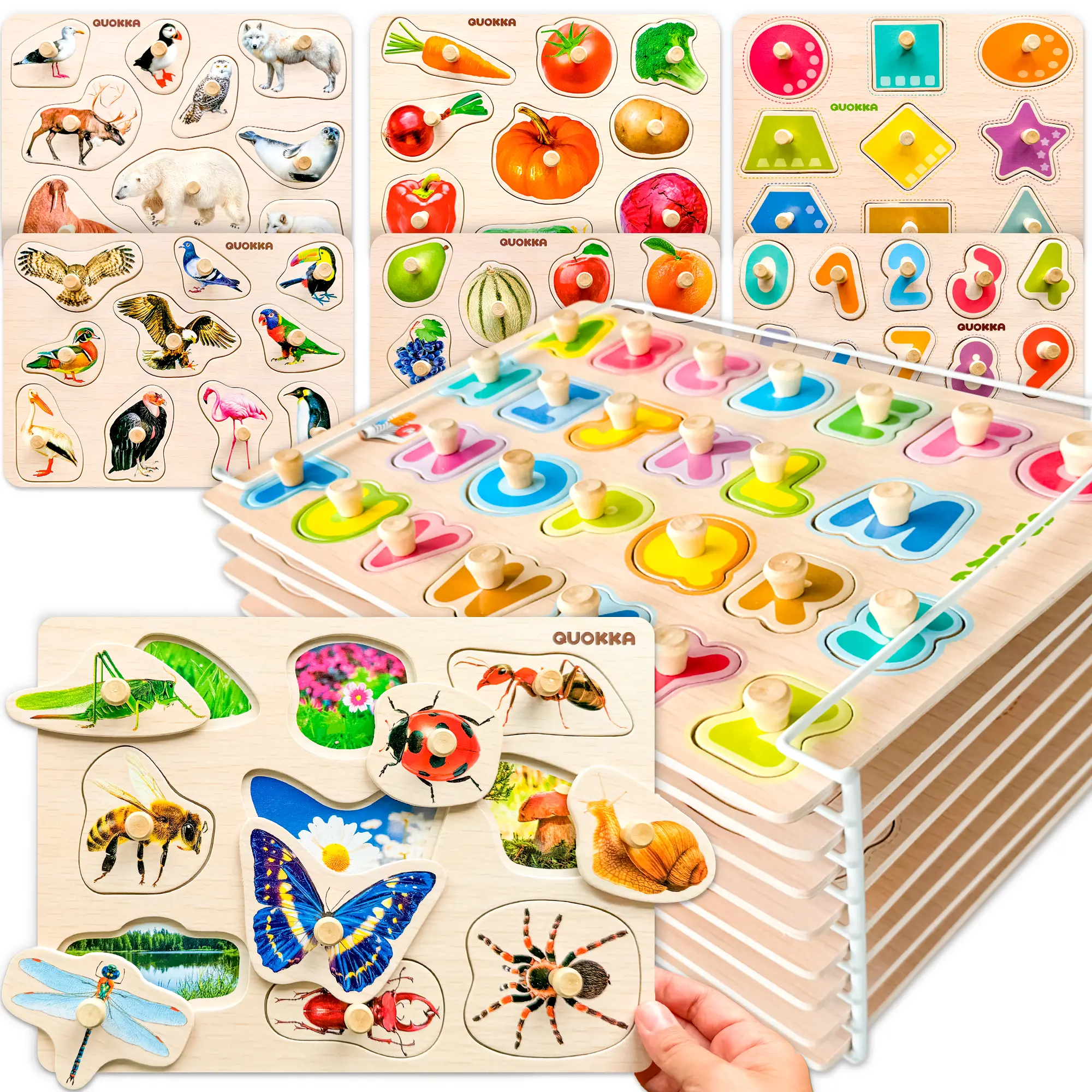QUOKKA 8-Pack Waterproof Wooden Jigsaw Puzzle Rack - 1-3 Age Toddler Learning Toy with ABC, Numbers, Animals Themes, Learning for Toddlers, Interlocking Puzzle, Wooden Puzzle Board