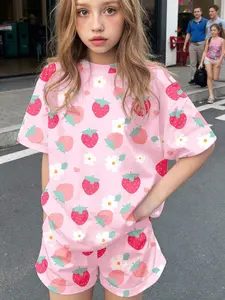 Kids' Pink Strawberry Floral Loungewear, Loose & Breathable Girls' T-shirt & Shorts Set